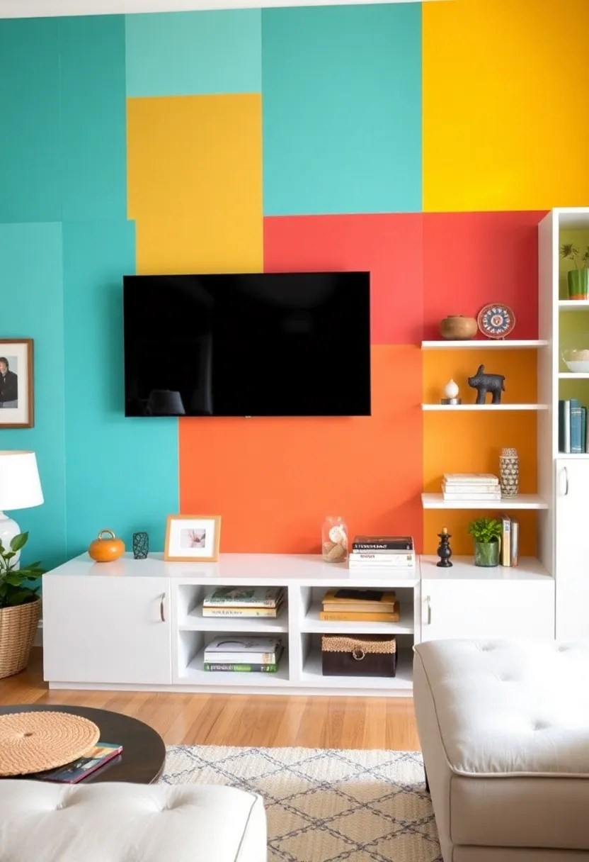 14 Family Media Wall Ideas That’ll Make Movie Nights Epic! (Don’t Miss #9!) - 7. Bold Color Blocking