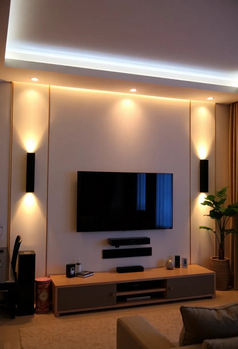 20 Stunning Home Decor Media Wall Ideas That Will Transform Your Space! - 15. Layered Lighting