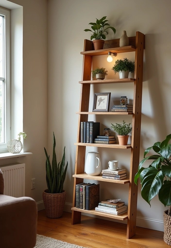 20 DIY Living Room Decor Projects That'll Bring Cozy Comfort on a Budget (Don't Miss #15!) - 17. DIY Ladder Bookcase
